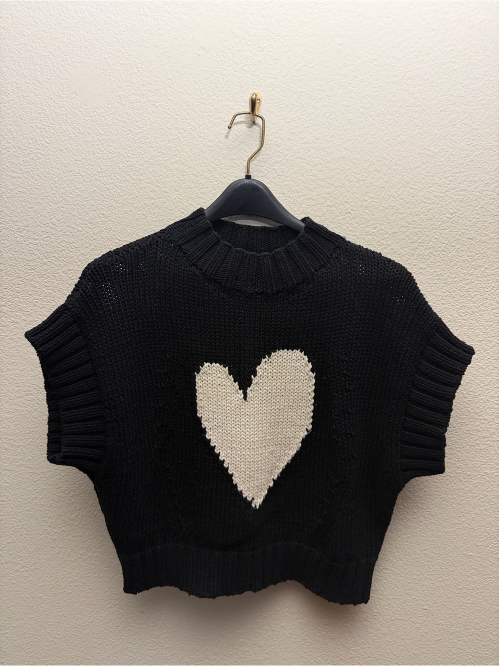 Maeve Black Knit Short Sleeve Sweater with White Heart